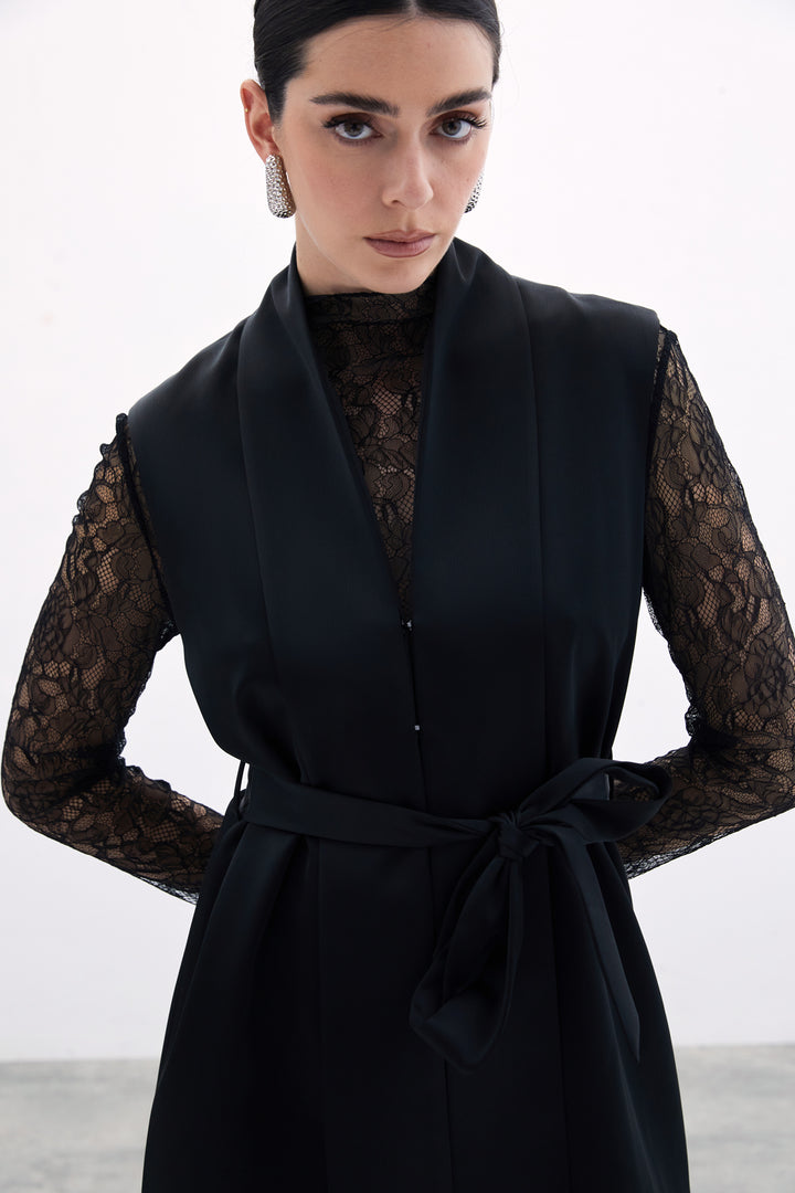Sateen Gilet Satiné avec Ceinture - Noir