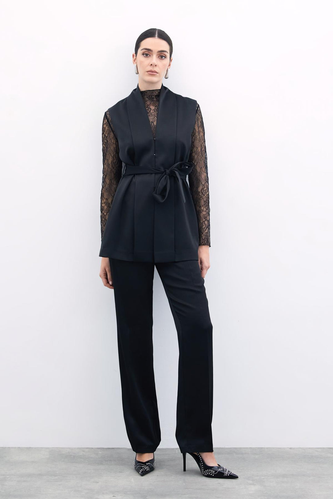 Sateen Gilet Satiné avec Ceinture - Noir