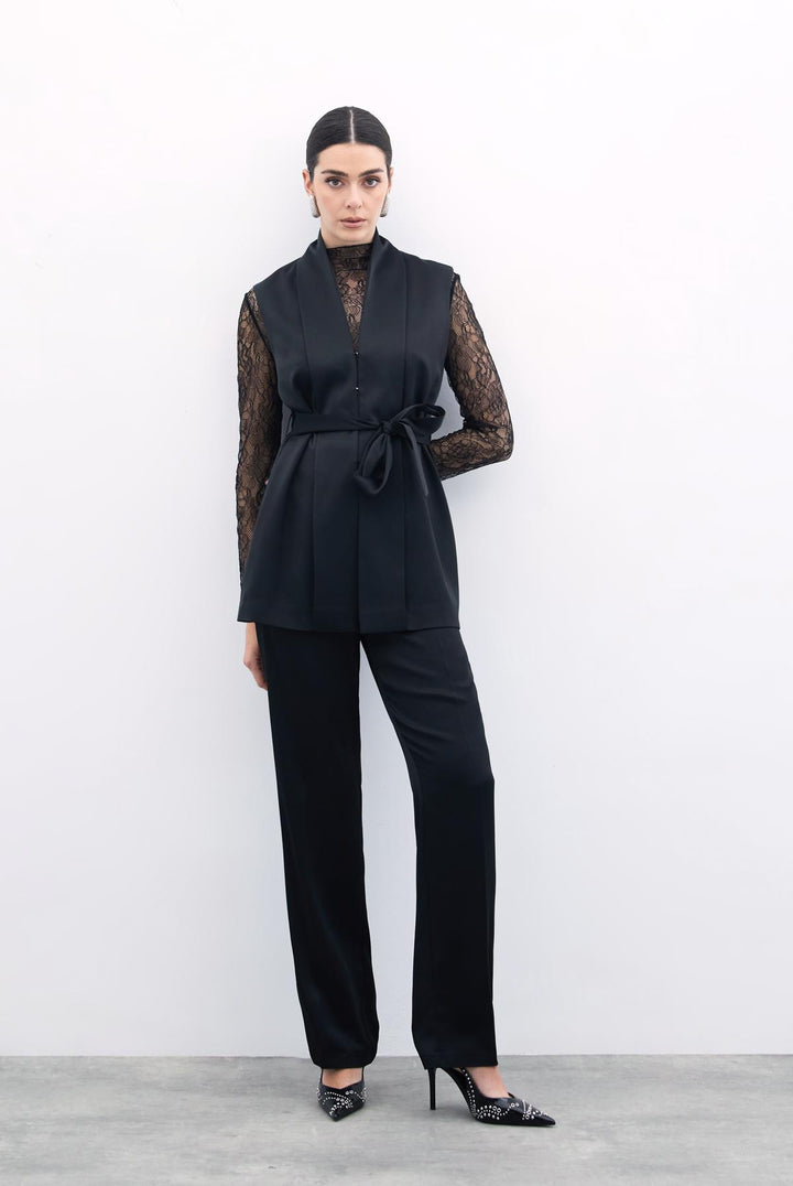 Sateen Gilet Satiné avec Ceinture - Noir