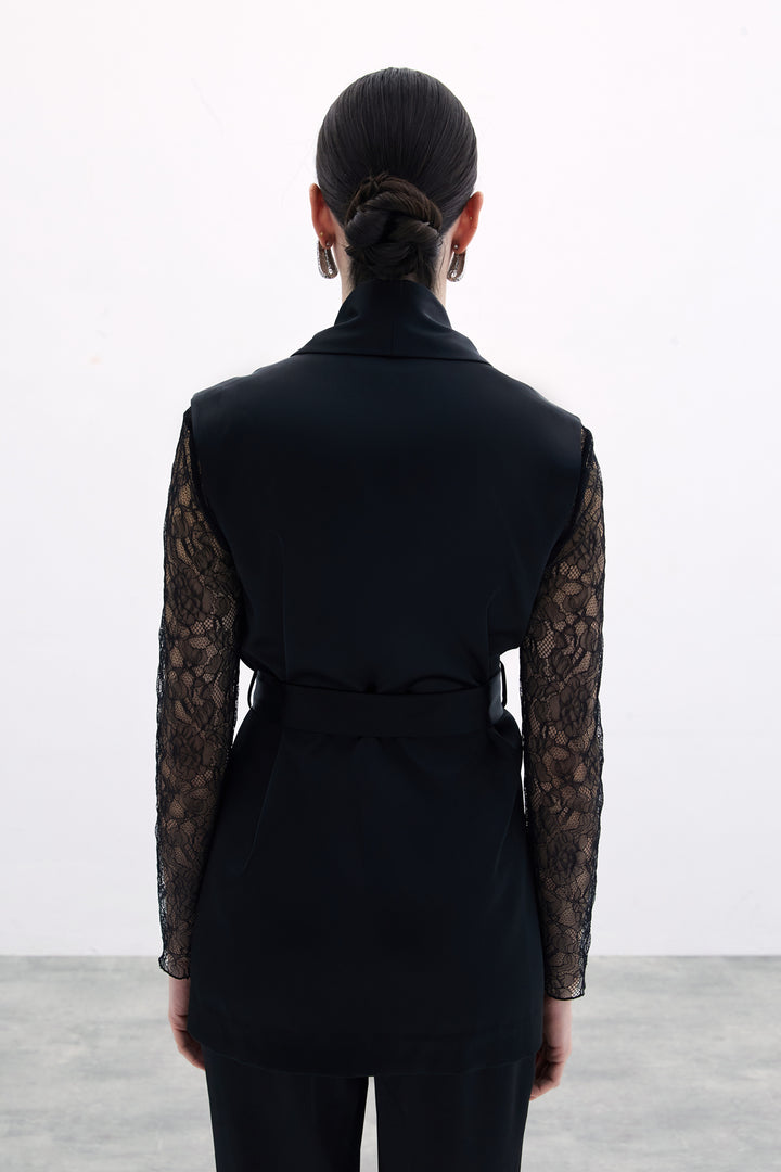 Sateen Gilet Satiné avec Ceinture - Noir