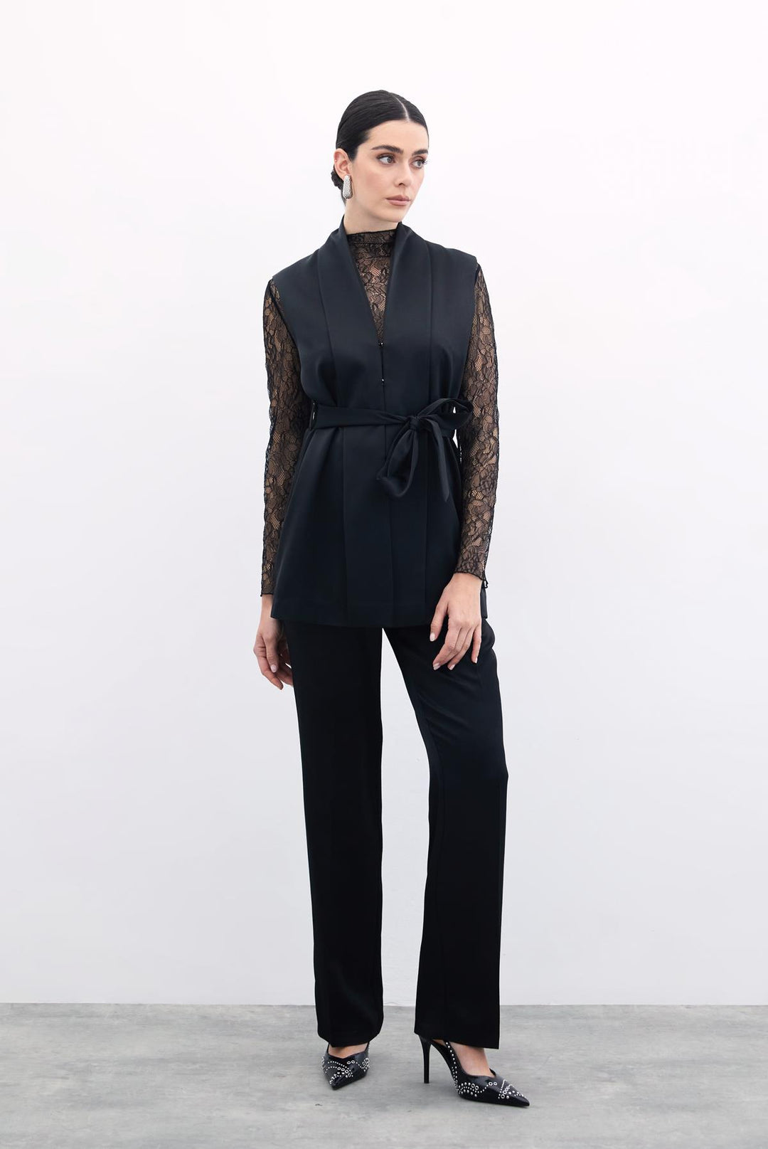 Sateen Gilet Satiné avec Ceinture - Noir