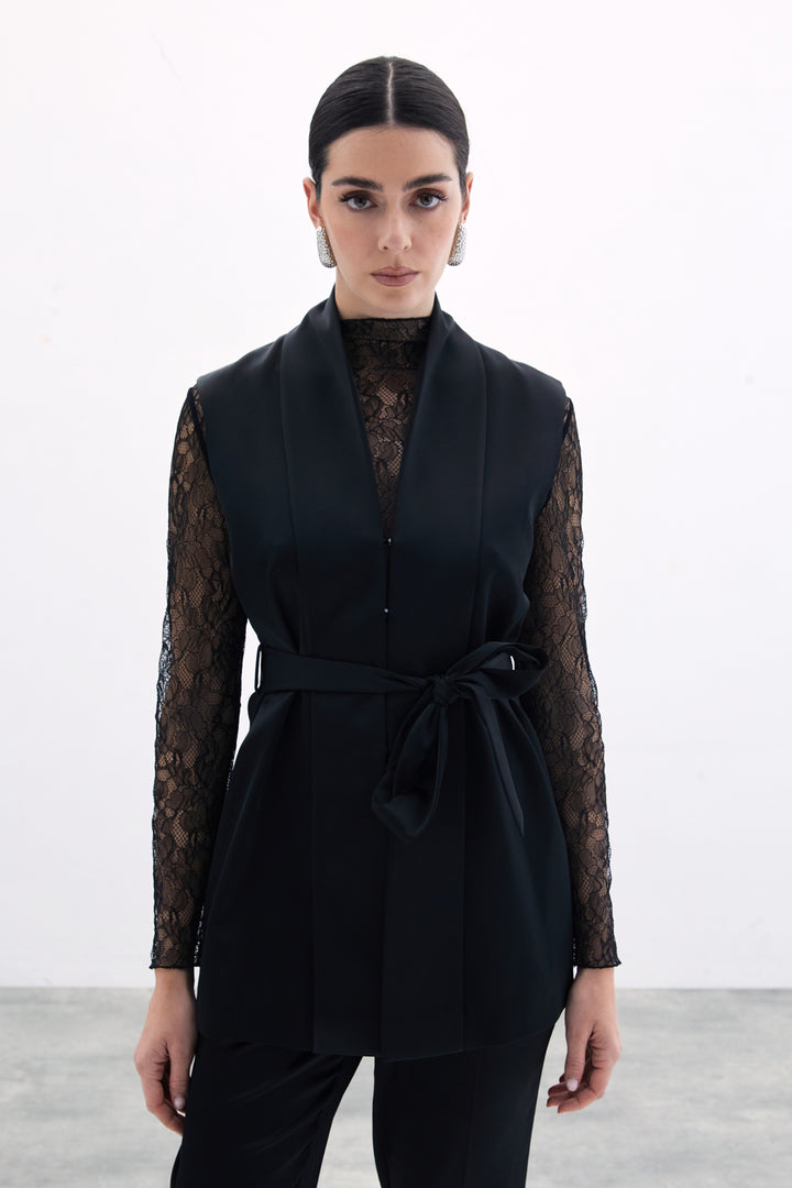 Sateen Gilet Satiné avec Ceinture - Noir