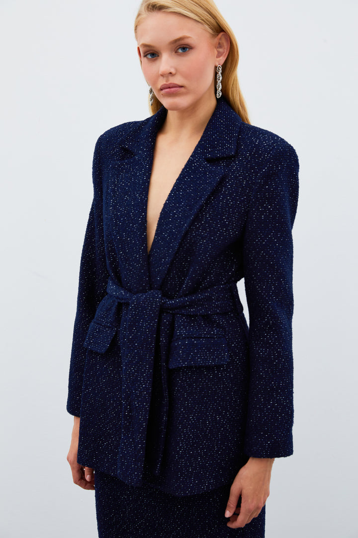 Sateen Veste en tweed avec ceinture - Bleu marine