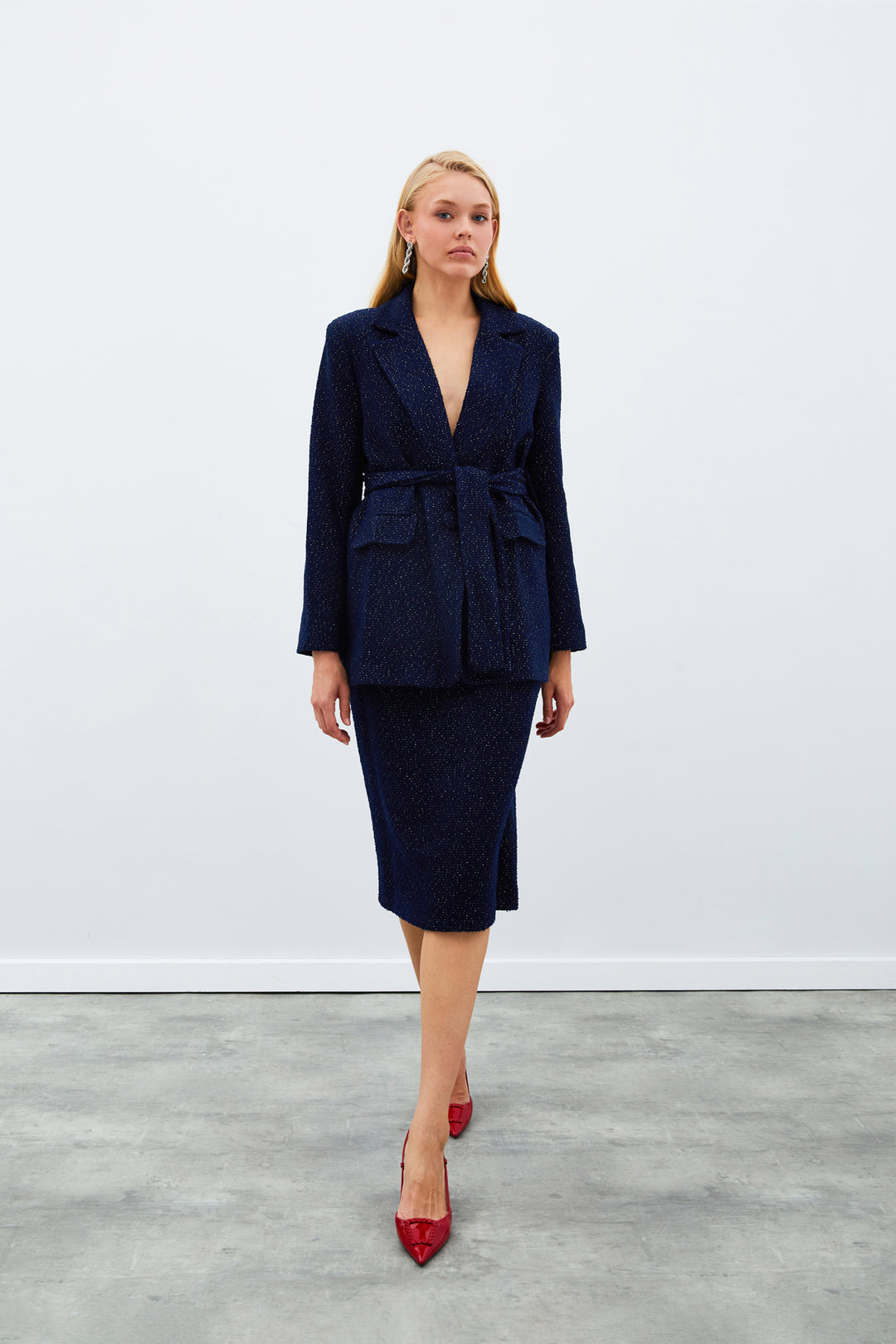 Sateen Veste en tweed avec ceinture - Bleu marine