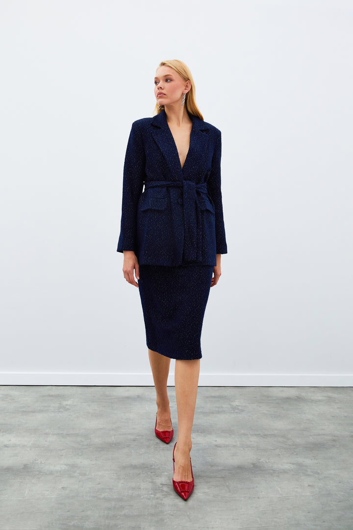 Sateen Veste en tweed avec ceinture - Bleu marine