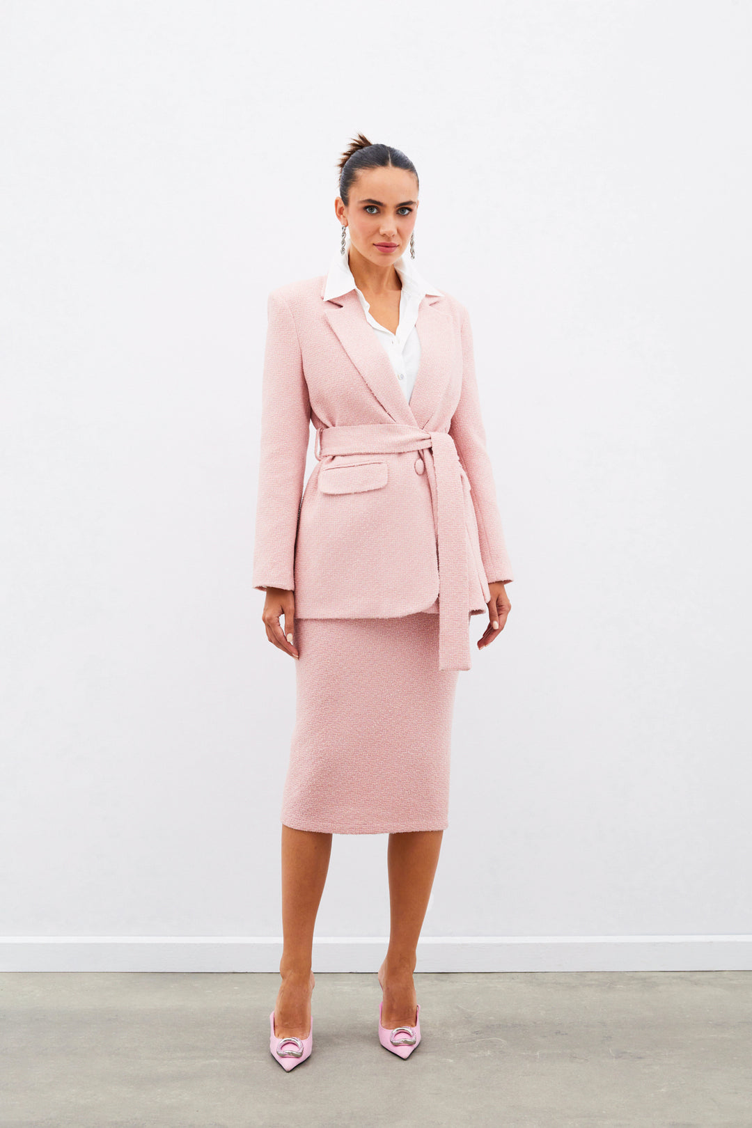 Sateen Veste en tweed avec ceinture - Poudre
