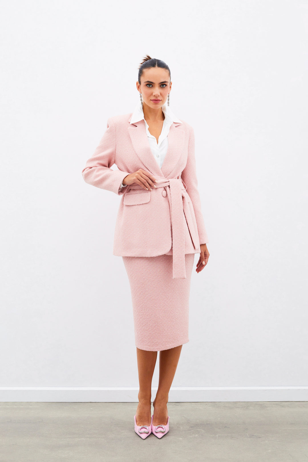 Sateen Veste en tweed avec ceinture - Poudre