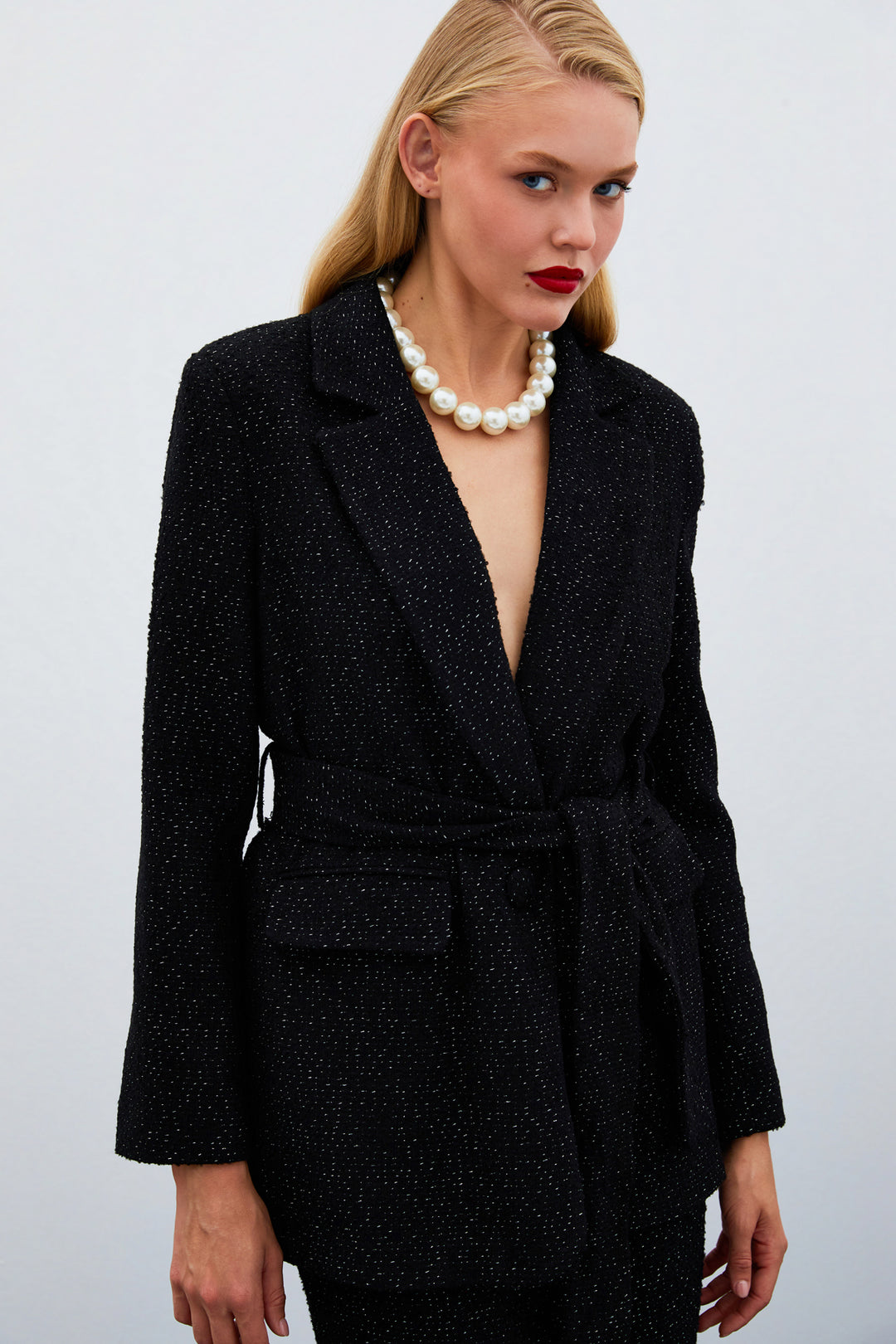 Sateen Veste en tweed avec ceinture - Noir
