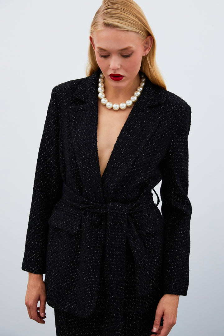 Sateen Veste en tweed avec ceinture - Noir