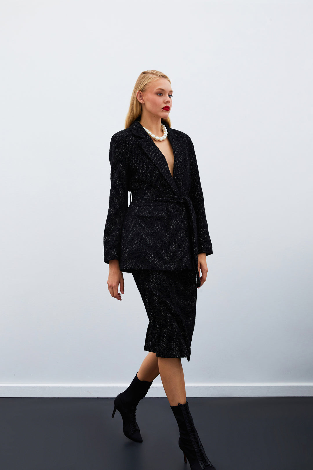 Sateen Veste en tweed avec ceinture - Noir