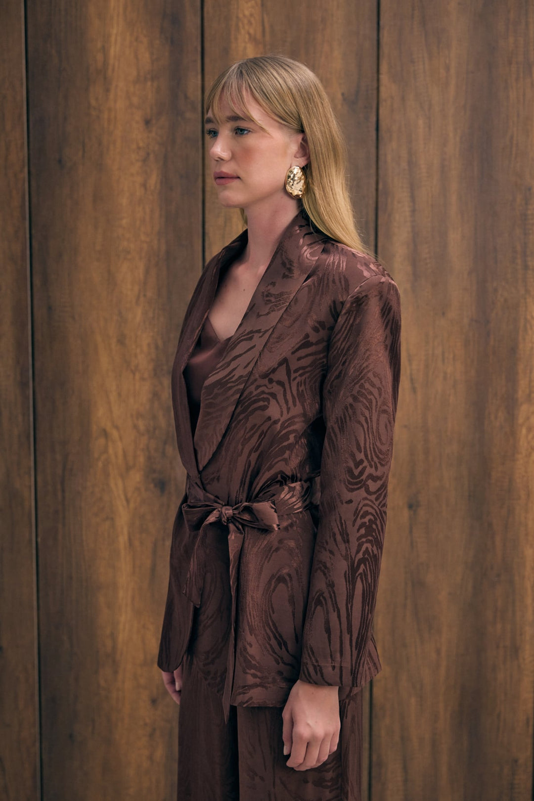 Sateen Veste longue ceinturée - Marron