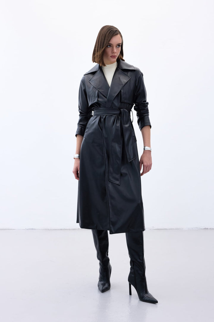 Sateen Trench en cuir long ceinturé - Noir