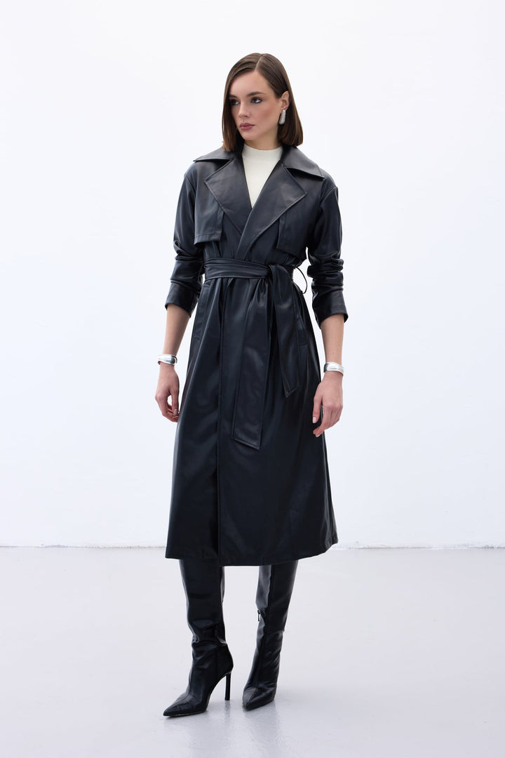 Sateen Trench en cuir long ceinturé - Noir