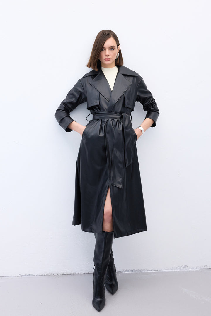 Sateen Trench en cuir long ceinturé - Noir