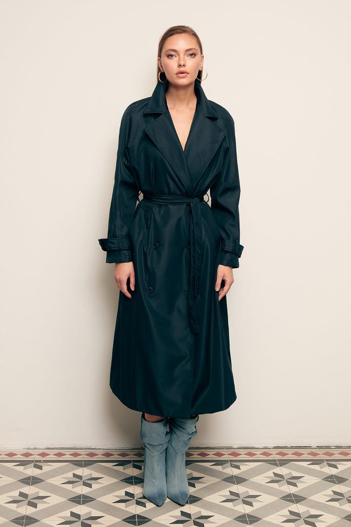 Sateen Trench Long à Ceinture - Bleu marine