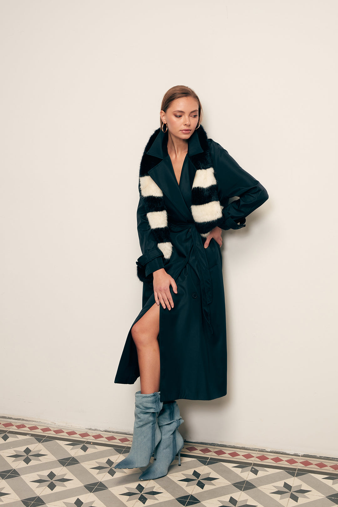 Sateen Trench Long à Ceinture - Bleu marine
