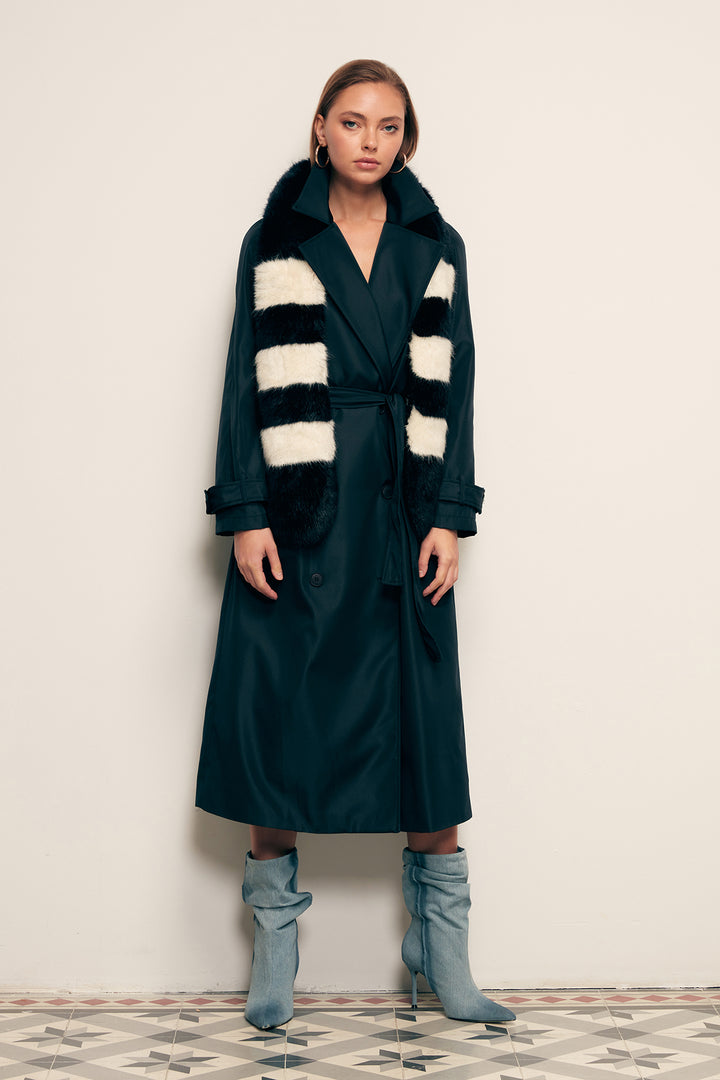 Sateen Trench Long à Ceinture - Bleu marine