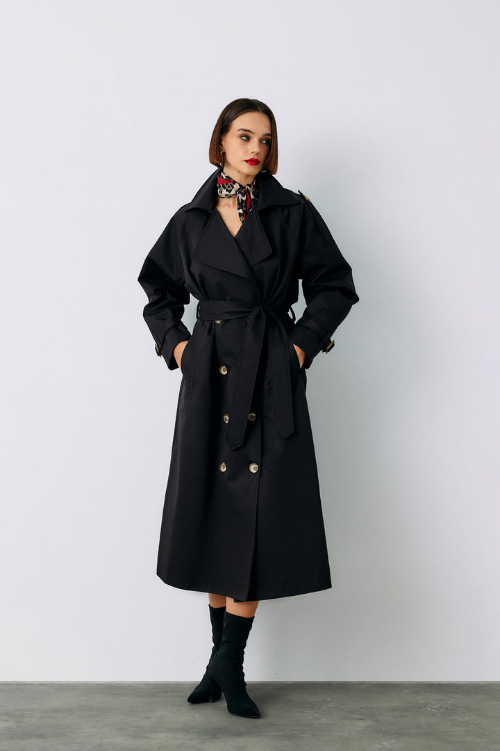 Sateen Trench long ceinturé - Noir
