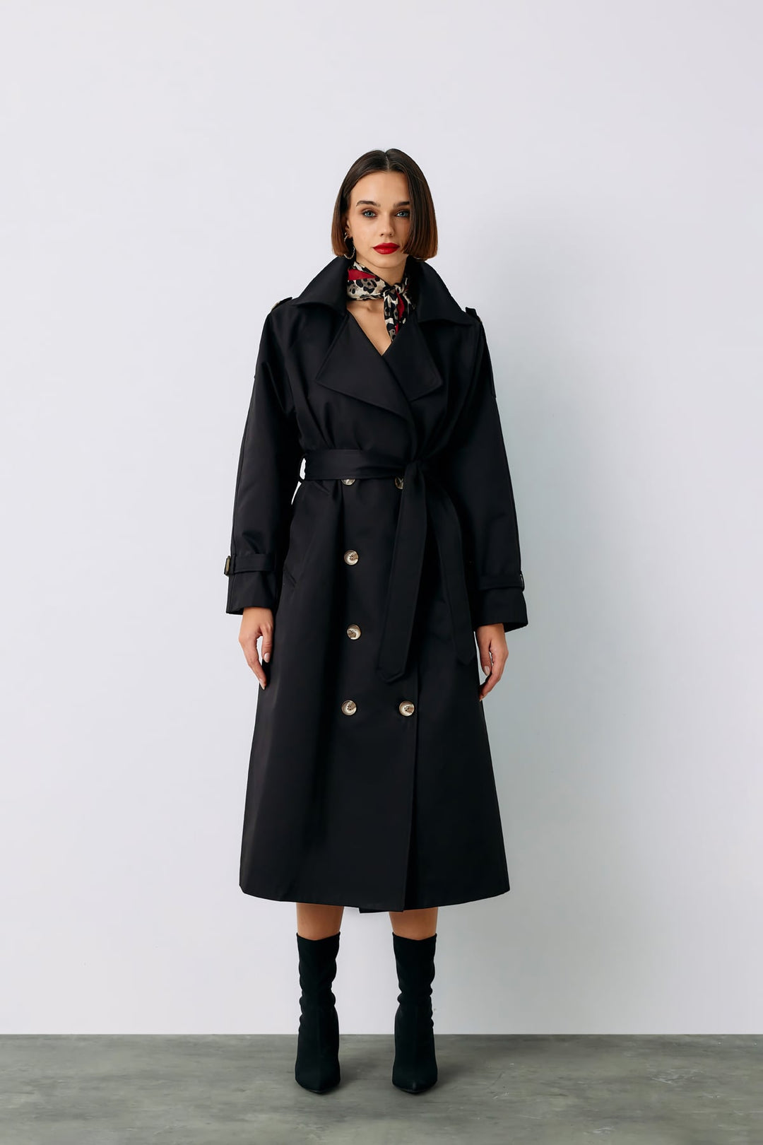 Sateen Trench long ceinturé - Noir