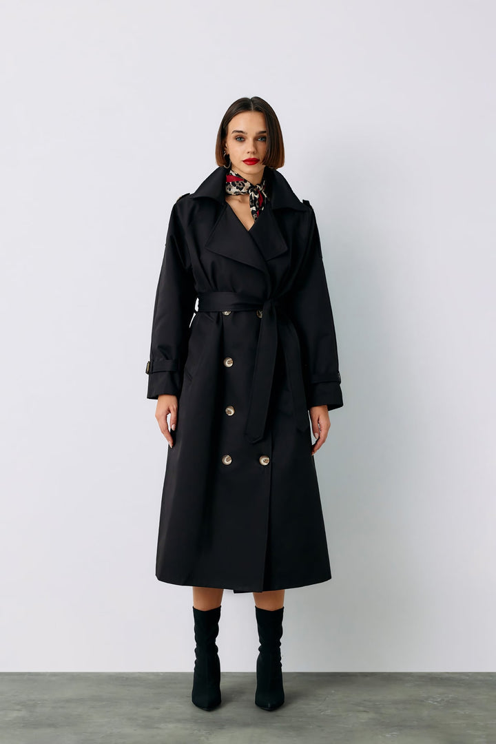 Sateen Trench long ceinturé - Noir