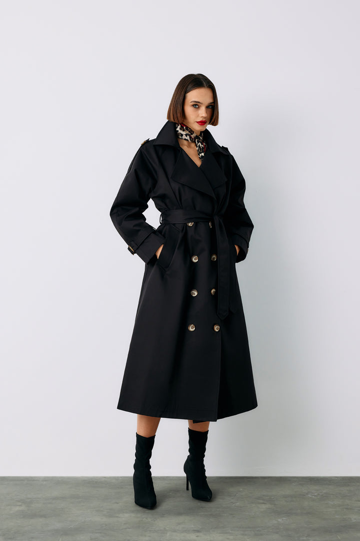 Sateen Trench long ceinturé - Noir