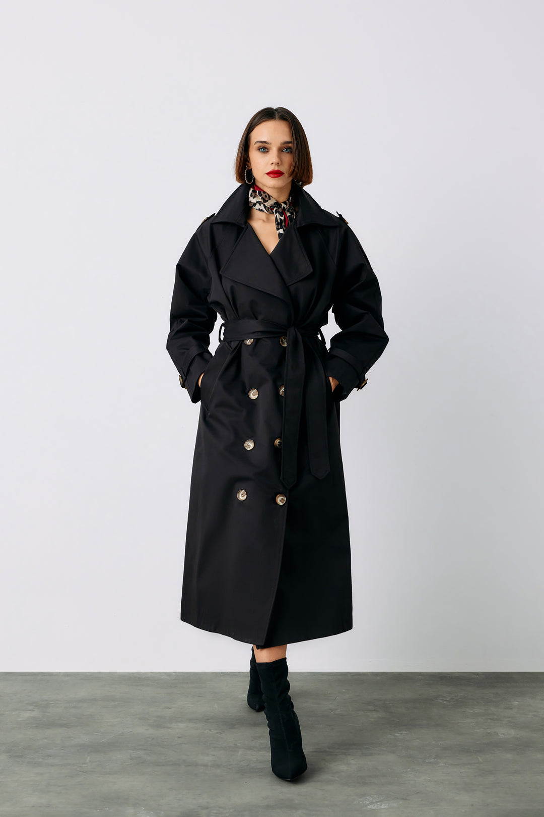 Sateen Trench long ceinturé - Noir