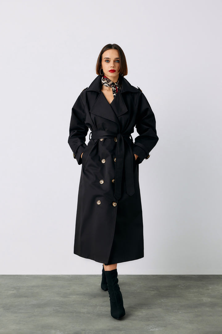 Sateen Trench long ceinturé - Noir