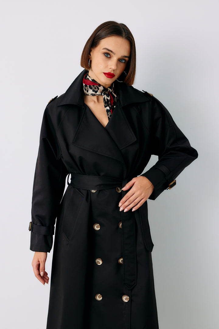 Sateen Trench long ceinturé - Noir