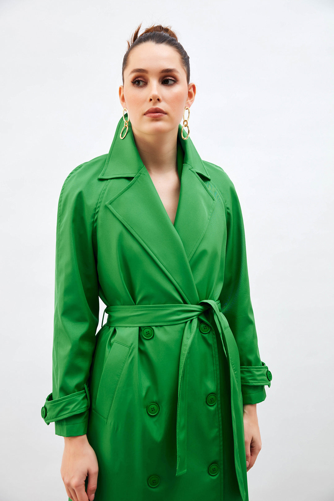Sateen Trench Long à Ceinture - Vert
