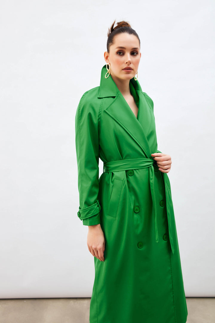 Sateen Trench Long à Ceinture - Vert