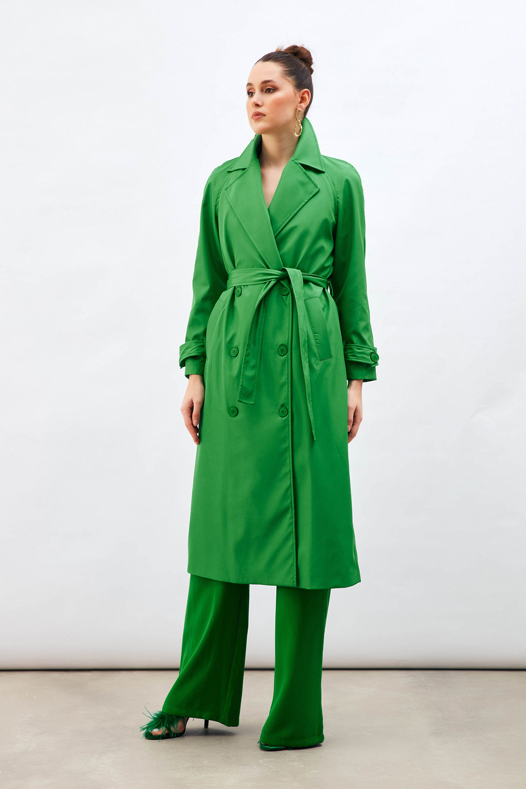 Sateen Trench Long à Ceinture - Vert