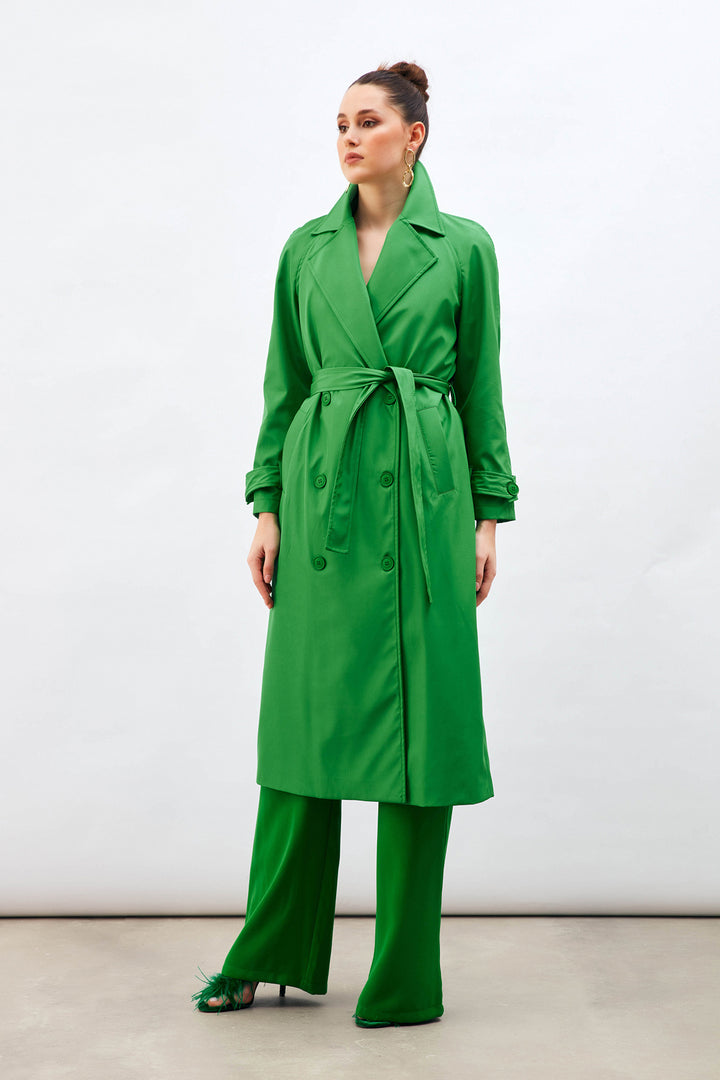 Sateen Trench Long à Ceinture - Vert