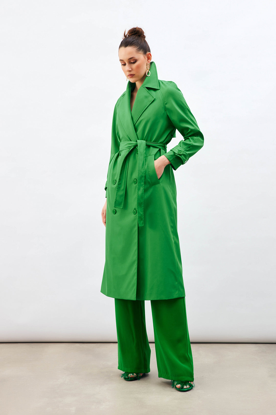 Sateen Trench Long à Ceinture - Vert