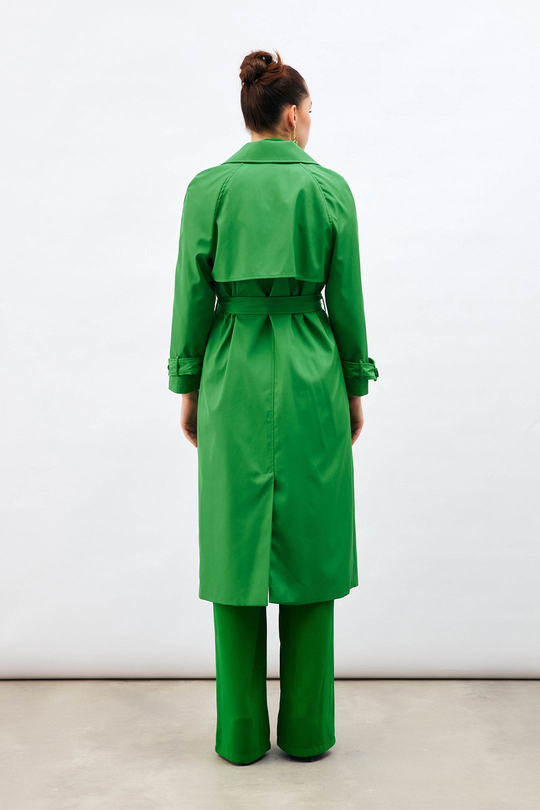 Sateen Trench Long à Ceinture - Vert