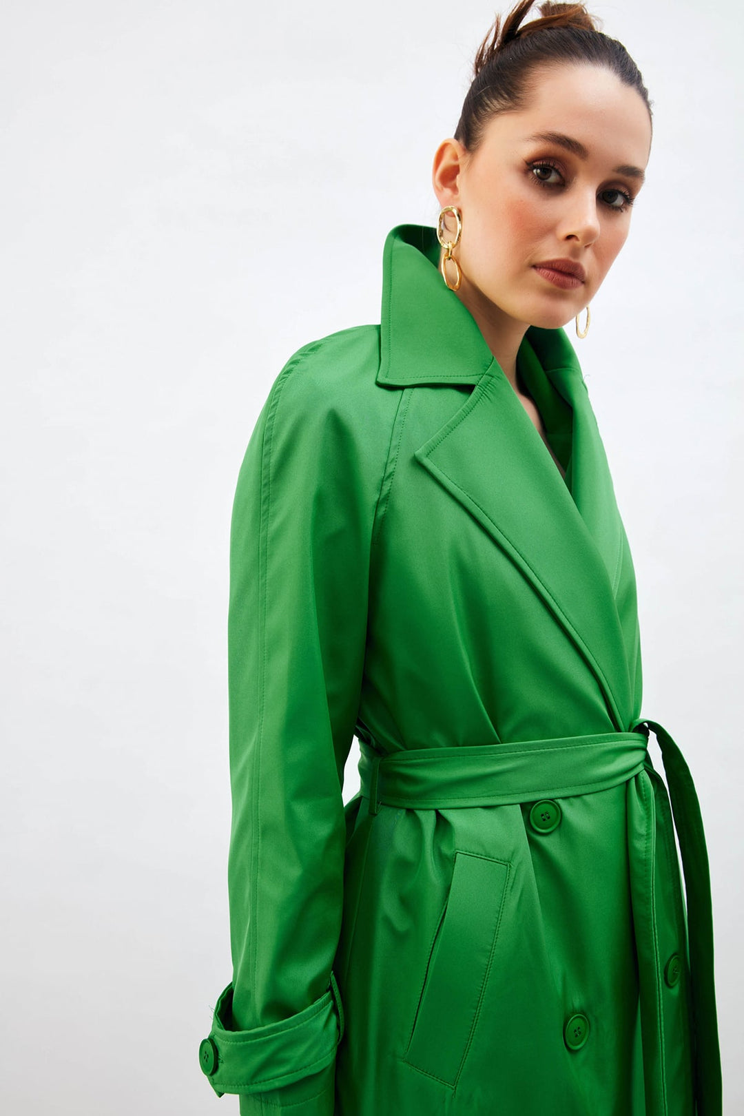 Sateen Trench Long à Ceinture - Vert
