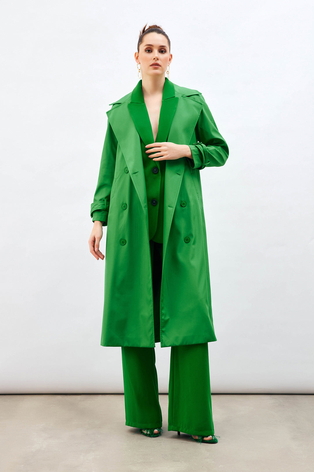 Sateen Trench Long à Ceinture - Vert
