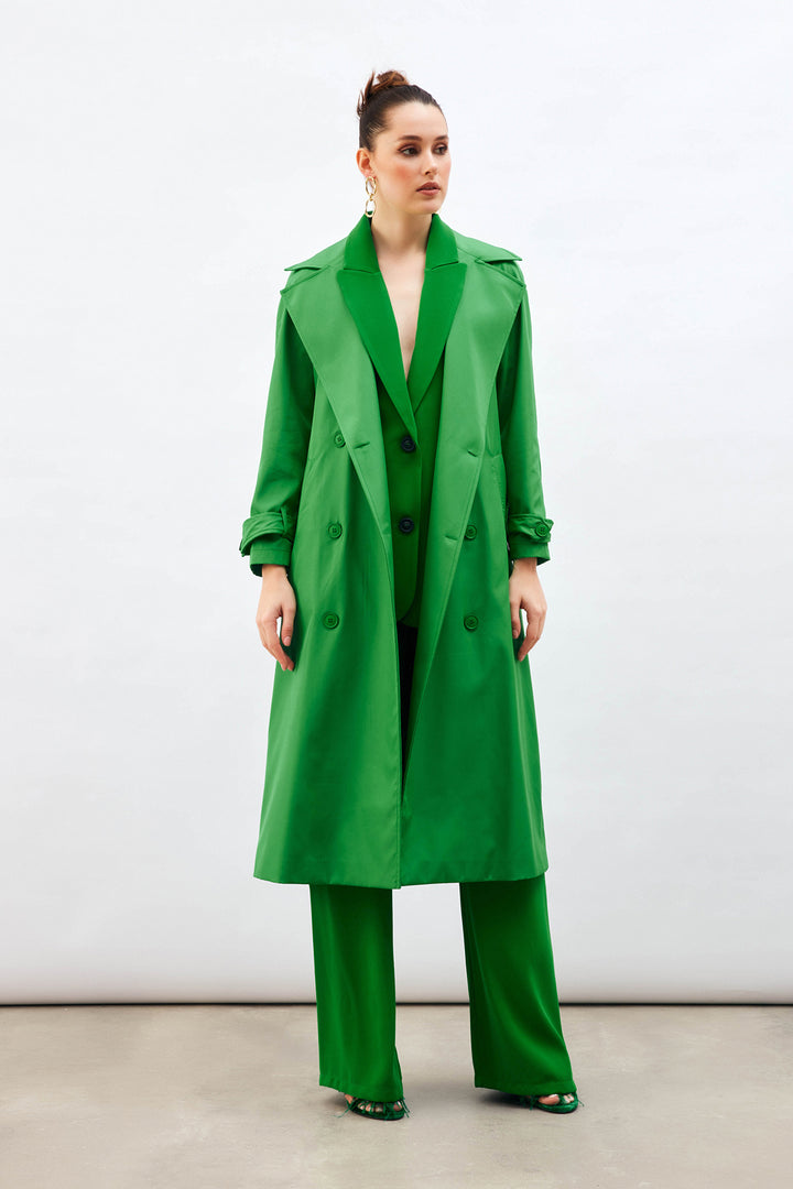 Sateen Trench Long à Ceinture - Vert