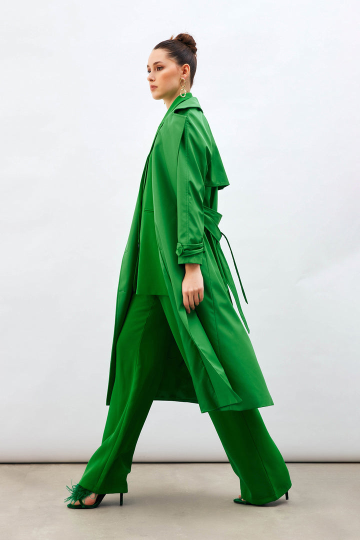 Sateen Trench Long à Ceinture - Vert
