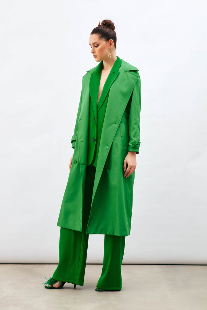Sateen Trench Long à Ceinture - Vert