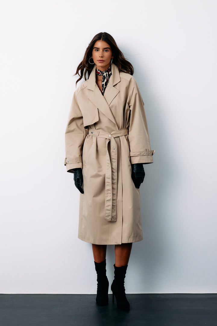 Sateen Trench long ceinturé - Beige