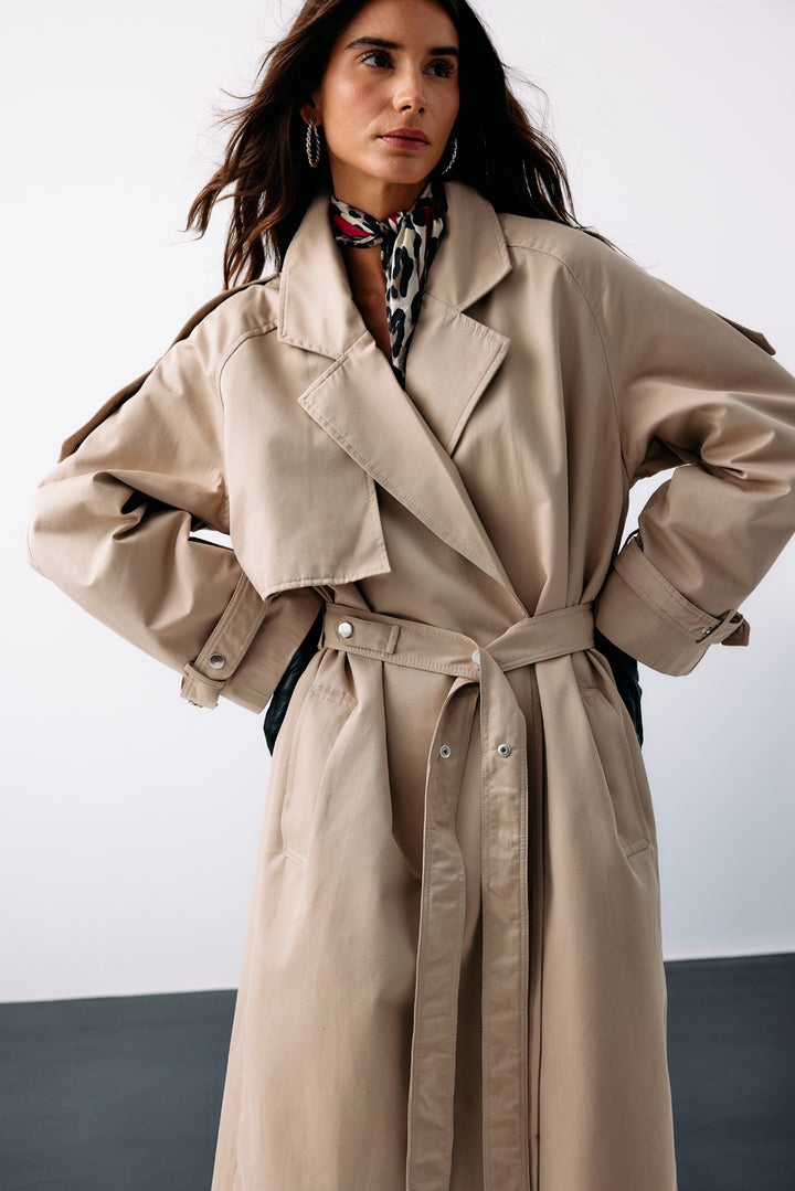 Sateen Trench long ceinturé - Beige