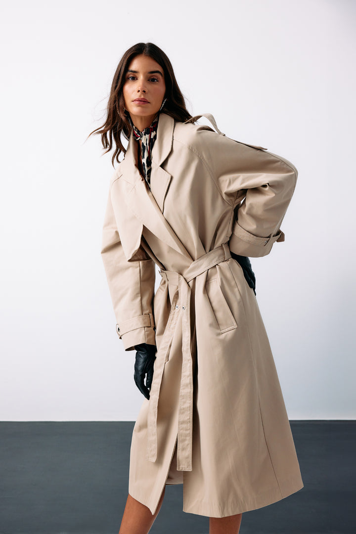 Sateen Trench long ceinturé - Beige