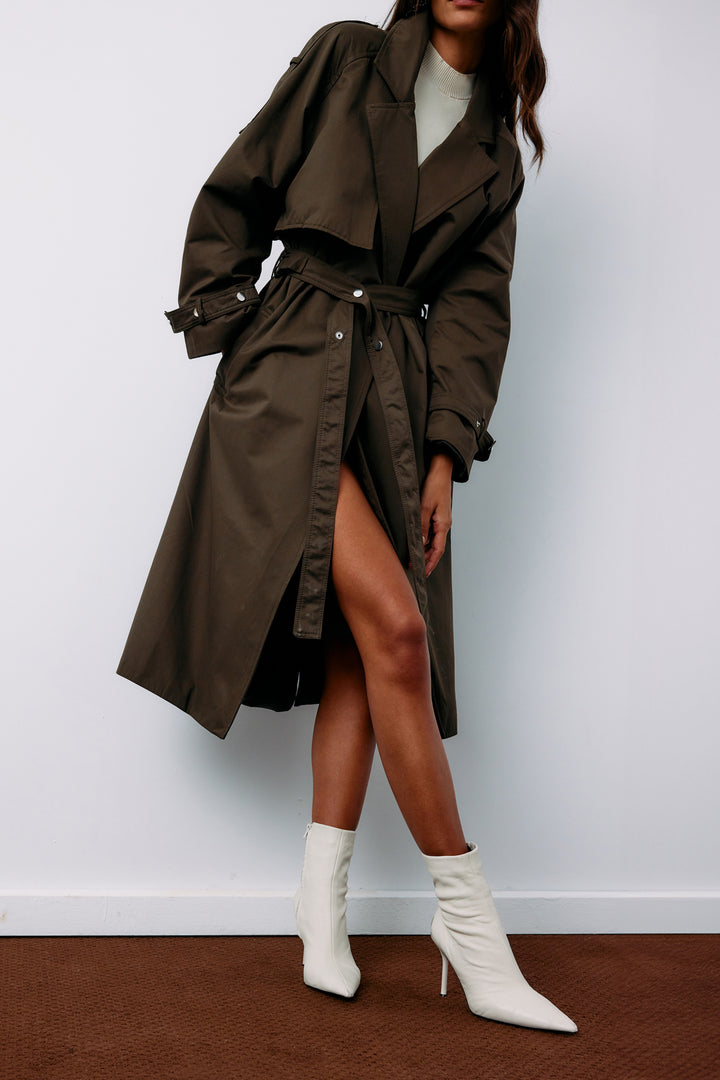 Sateen Trench long ceinturé - Kaki