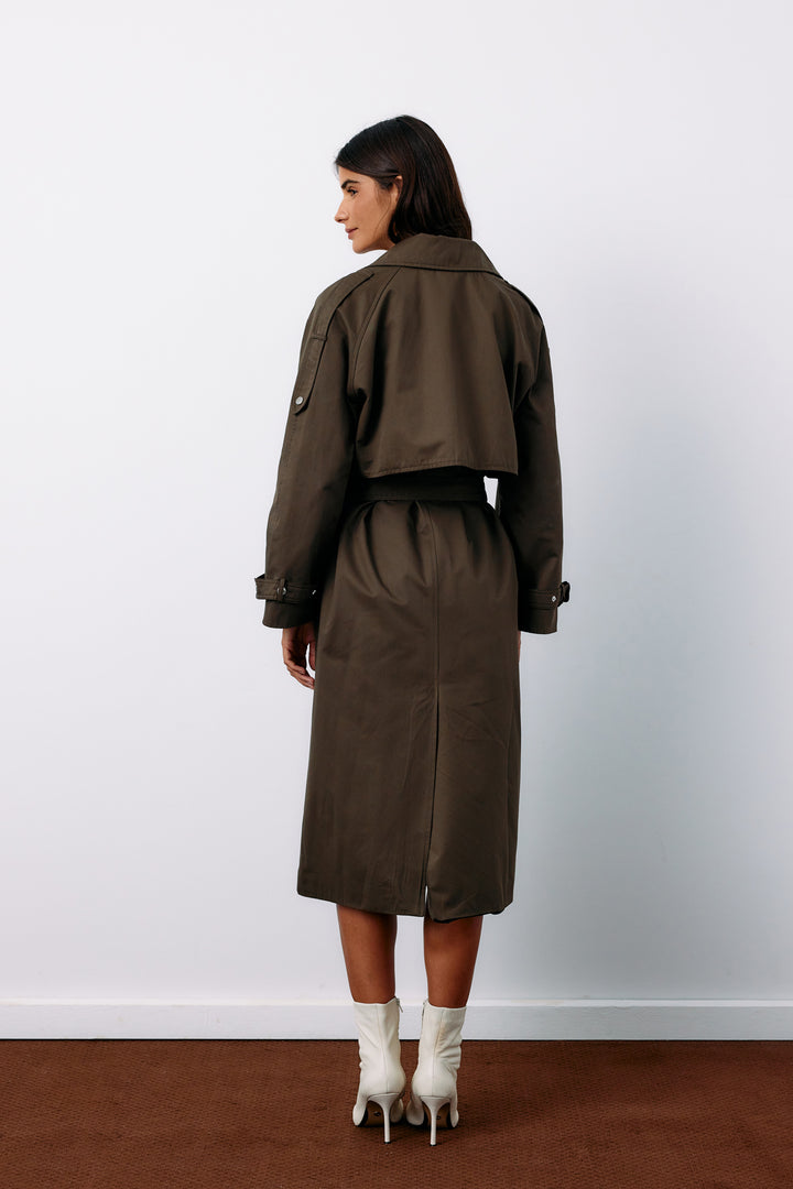 Sateen Trench long ceinturé - Kaki