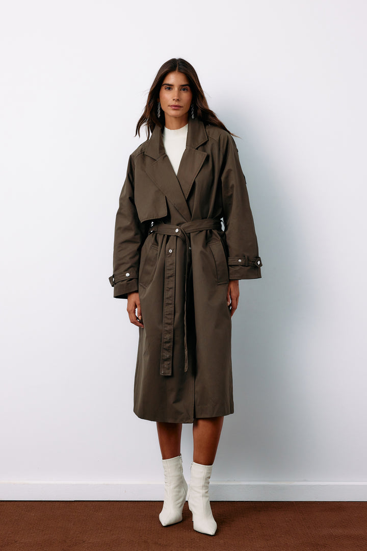 Sateen Trench long ceinturé - Kaki