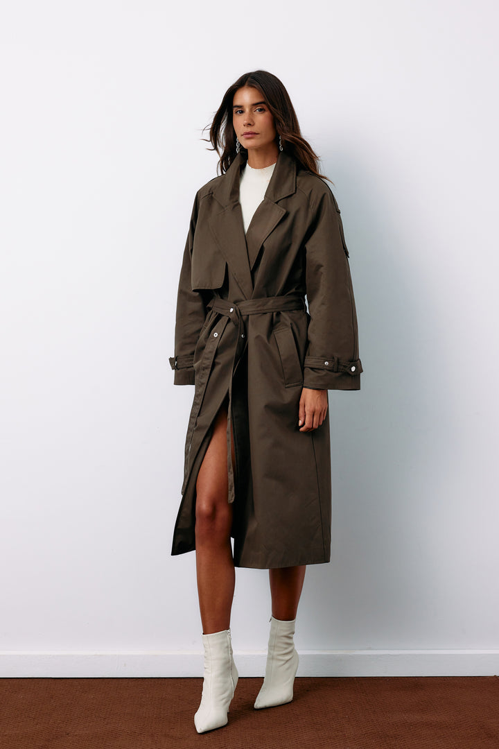 Sateen Trench long ceinturé - Kaki