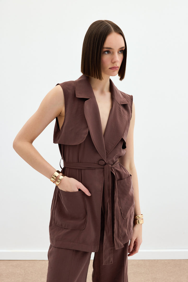 Sateen Gilet long ceinturé - Marron