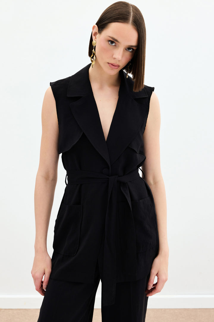 Sateen Gilet long ceinturé - Noir