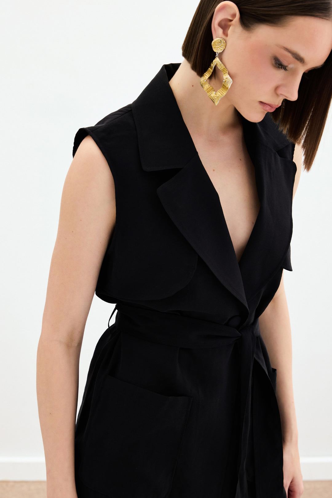Sateen Gilet long ceinturé - Noir