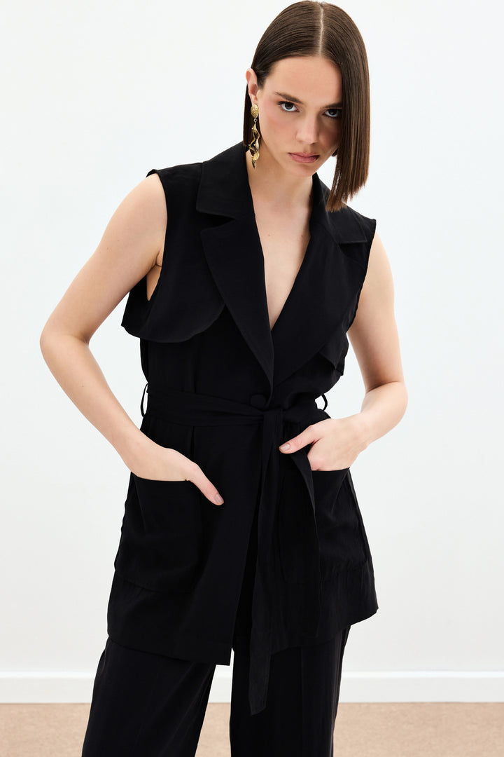 Sateen Gilet long ceinturé - Noir